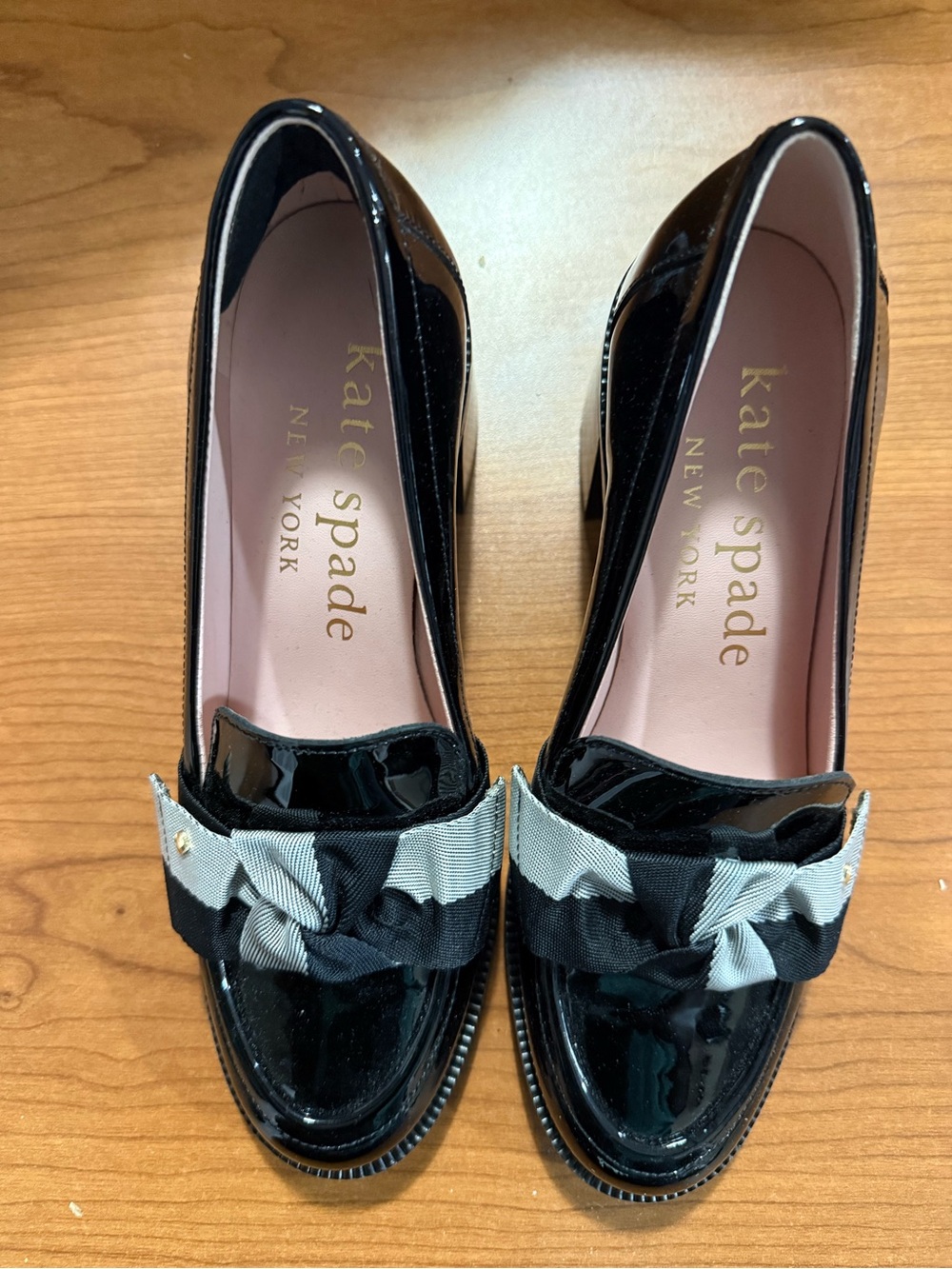 kate spade Black Patent Loafers with Two-Tone Grosgrain Bow